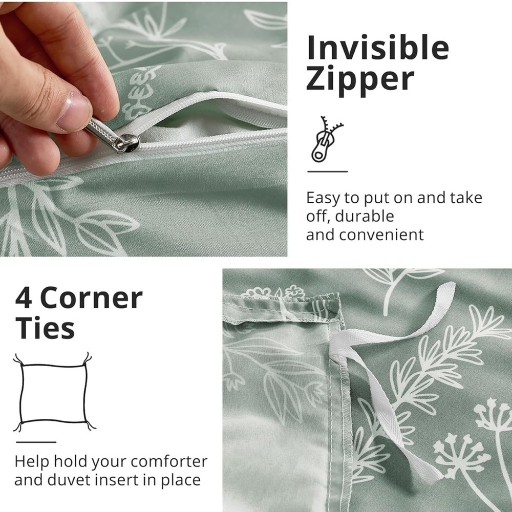 Duvet Cover Full Size, Reversible Floral Green Set Zipper 3 Pieces Botanical - Picture 4 of 5